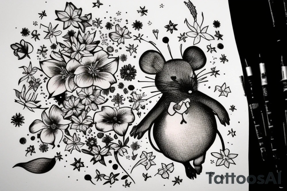 Mouse from Alice in Wonderland, surrounded by stargazing lilies and a quote "non ducor, duco" tattoo idea