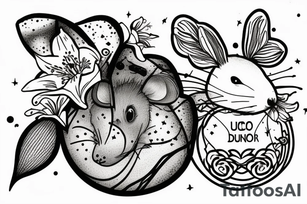 Mouse from Alice in Wonderland, surrounded by stargazing lilies and a quote "non ducor, duco" tattoo idea