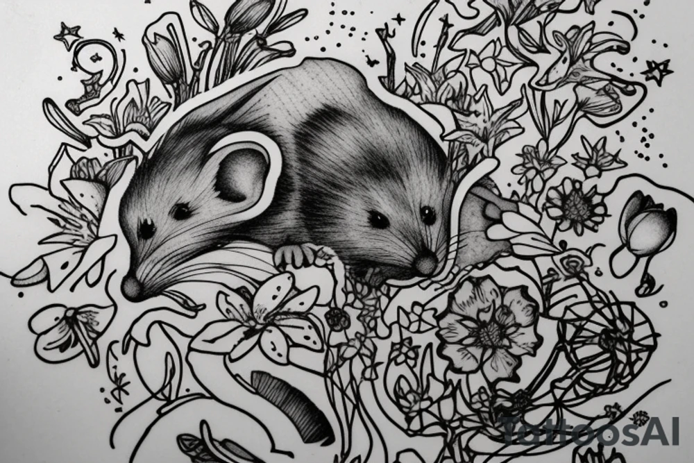Mouse from Alice in Wonderland, surrounded by stargazing lilies and a quote "non ducor, duco" tattoo idea
