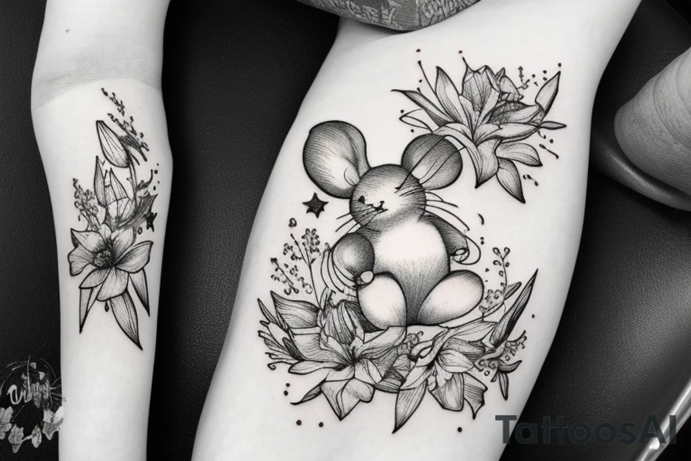 Mouse from Alice in Wonderland, surrounded by stargazing lilies and a quote "non ducor, duco" tattoo idea