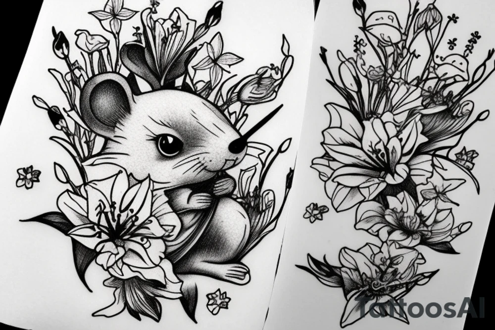 Mouse from Alice in Wonderland, surrounded by stargazing lilies and a quote "non ducor, duco" tattoo idea