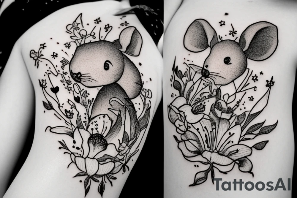 Mouse from Alice in Wonderland, surrounded by stargazing lilies and a quote "non ducor, duco" tattoo idea
