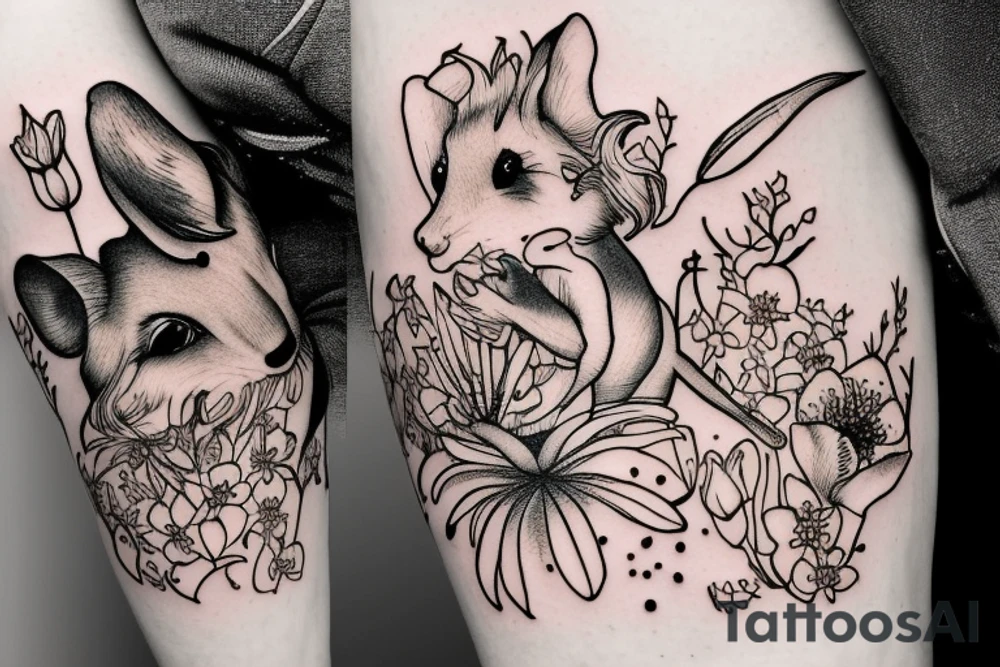 Mouse from Alice in Wonderland, surrounded by stargazing lilies and a quote "non ducor, duco" tattoo idea