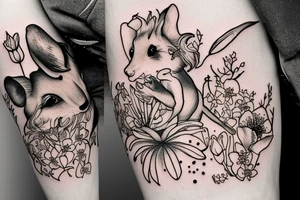 Mouse from Alice in Wonderland, surrounded by stargazing lilies and a quote "non ducor, duco" tattoo idea