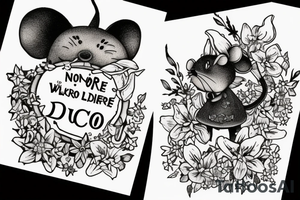 Mouse from Alice in Wonderland, surrounded by stargazing lilies and a quote "non ducor, duco" tattoo idea