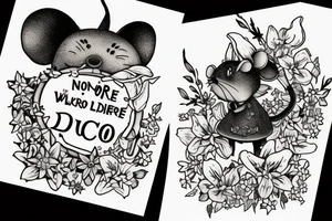 Mouse from Alice in Wonderland, surrounded by stargazing lilies and a quote "non ducor, duco" tattoo idea