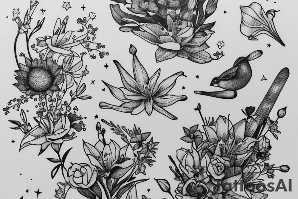 Finch from Alice in Wonderland, surrounded by stargazing lilies and a quote "non ducor, duco" tattoo idea