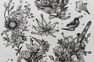 Finch from Alice in Wonderland, surrounded by stargazing lilies and a quote "non ducor, duco" tattoo idea