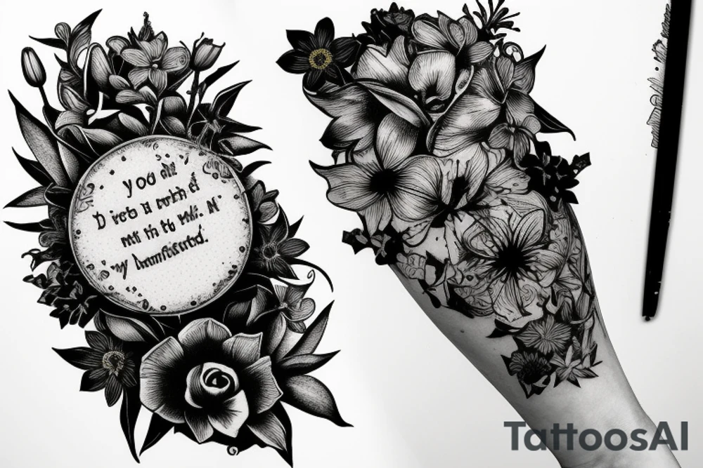 Finch from Alice in Wonderland, surrounded by stargazing lilies and a quote "non ducor, duco" tattoo idea