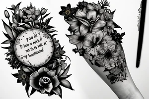 Finch from Alice in Wonderland, surrounded by stargazing lilies and a quote "non ducor, duco" tattoo idea