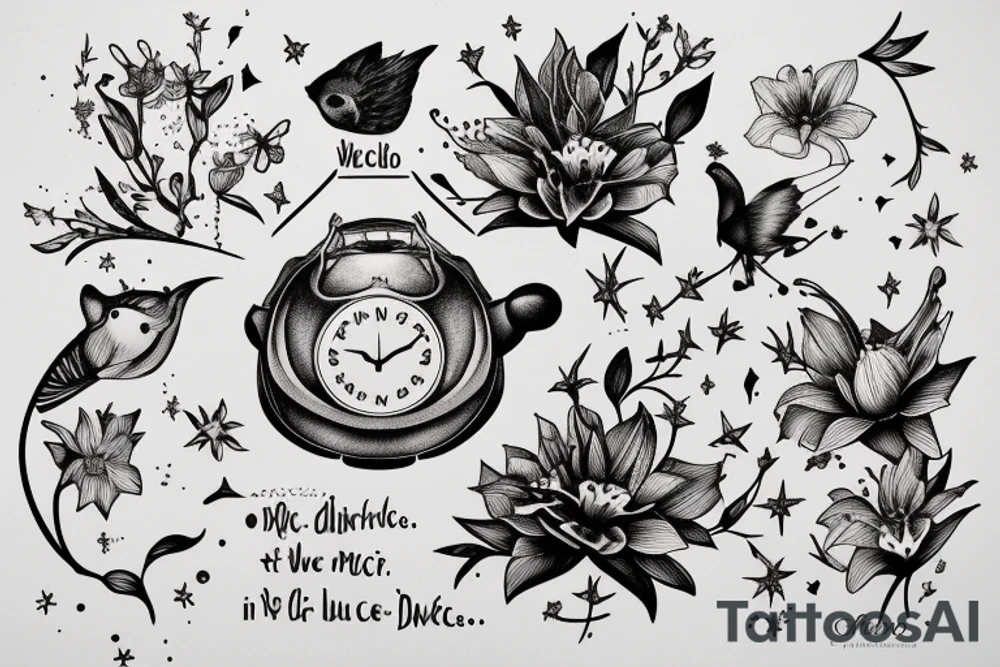 Finch from Alice in Wonderland, surrounded by stargazing lilies and a quote "non ducor, duco" tattoo idea