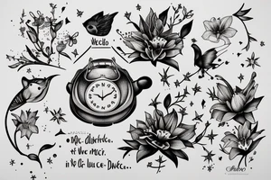 Finch from Alice in Wonderland, surrounded by stargazing lilies and a quote "non ducor, duco" tattoo idea