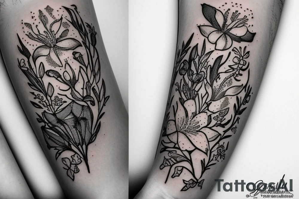 Finch from Alice in Wonderland, surrounded by stargazing lilies and a quote "non ducor, duco" tattoo idea