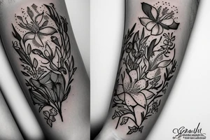 Finch from Alice in Wonderland, surrounded by stargazing lilies and a quote "non ducor, duco" tattoo idea