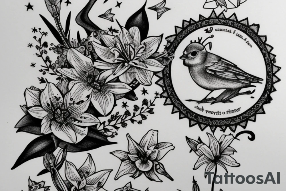 Finch from Alice in Wonderland, surrounded by stargazing lilies and a quote "non ducor, duco" tattoo idea