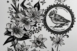 Finch from Alice in Wonderland, surrounded by stargazing lilies and a quote "non ducor, duco" tattoo idea