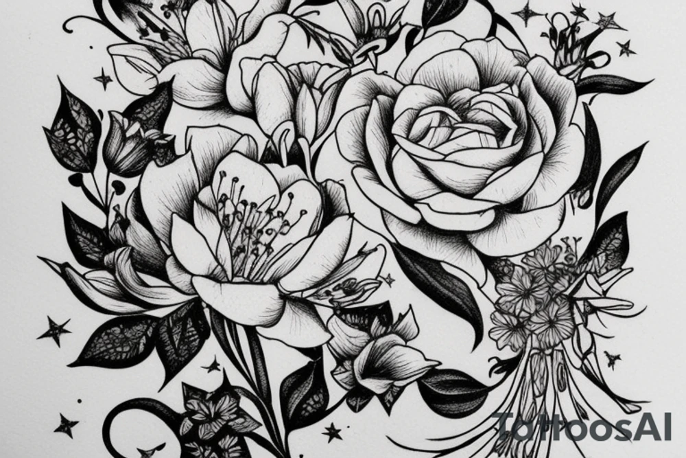 Finch from Alice in Wonderland, surrounded by stargazing lilies and a quote "non ducor, duco" tattoo idea