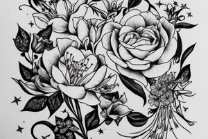 Finch from Alice in Wonderland, surrounded by stargazing lilies and a quote "non ducor, duco" tattoo idea