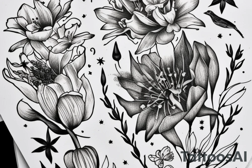 Finch from Alice in Wonderland, surrounded by stargazing lilies and a quote "non ducor, duco" tattoo idea
