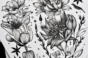 Finch from Alice in Wonderland, surrounded by stargazing lilies and a quote "non ducor, duco" tattoo idea