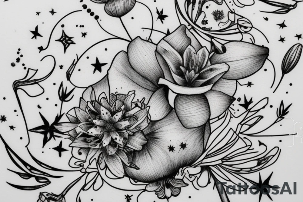Finch from Alice in Wonderland, surrounded by stargazing lilies and a quote "non ducor, duco" tattoo idea