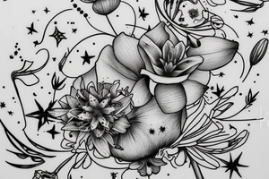 Finch from Alice in Wonderland, surrounded by stargazing lilies and a quote "non ducor, duco" tattoo idea