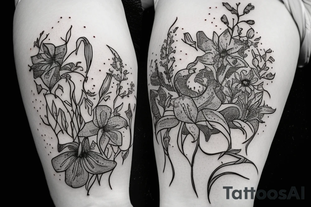Finch from Alice in Wonderland, surrounded by stargazing lilies and a quote "non ducor, duco" tattoo idea