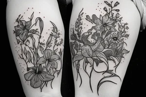 Finch from Alice in Wonderland, surrounded by stargazing lilies and a quote "non ducor, duco" tattoo idea
