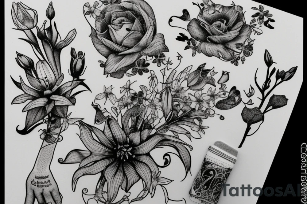 Finch from Alice in Wonderland, surrounded by stargazing lilies and a quote "non ducor, duco" tattoo idea