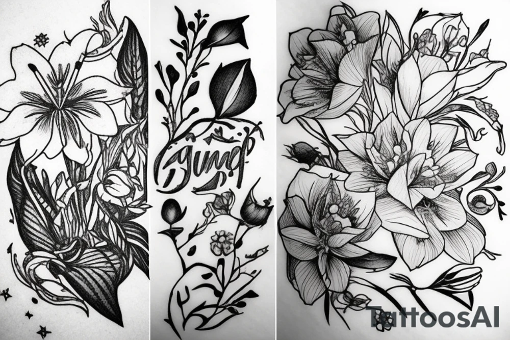 Finch from Alice in Wonderland, surrounded by stargazing lilies and a quote "non ducor, duco" tattoo idea