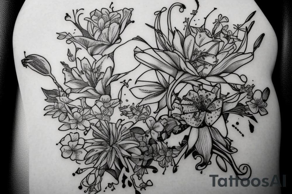 Finch from Alice in Wonderland, surrounded by stargazing lilies and a quote "non ducor, duco" tattoo idea