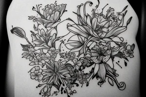 Finch from Alice in Wonderland, surrounded by stargazing lilies and a quote "non ducor, duco" tattoo idea