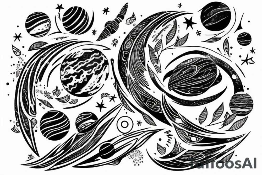 beautiful lines forming a planet carried in the claws of a small bird tattoo idea
