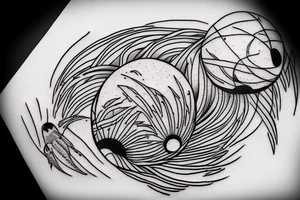 beautiful lines forming a planet carried in the claws of a small bird tattoo idea