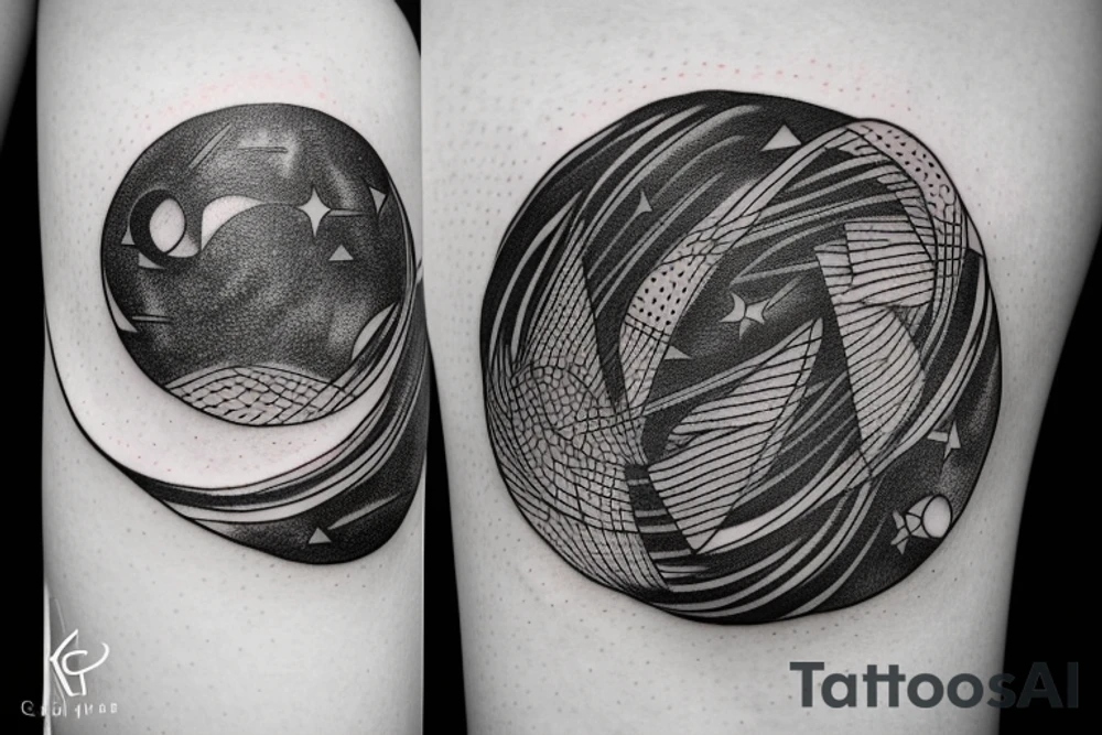 beautiful lines forming a planet carried in the claws of a small bird tattoo idea
