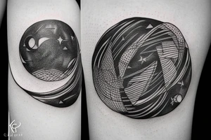 beautiful lines forming a planet carried in the claws of a small bird tattoo idea