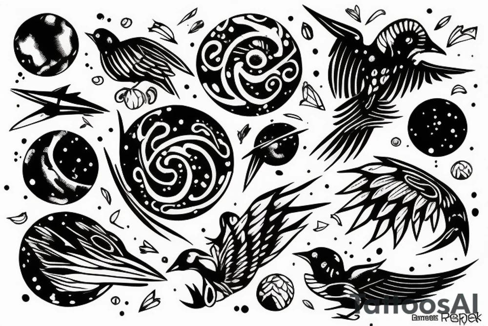 planet carried in the claws of a small bird tattoo idea