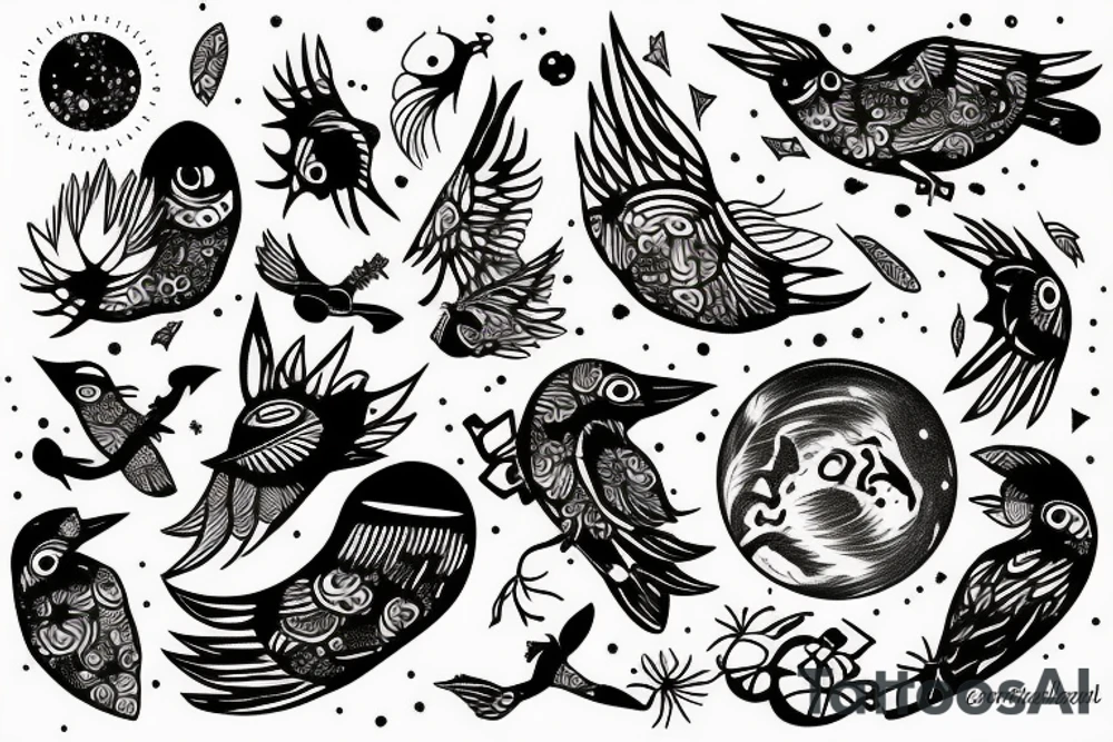 planet clutched in the claws of a small bird tattoo idea