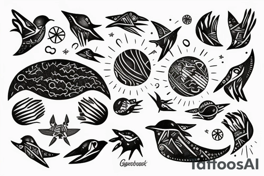 planet clutched in the claws of a small bird tattoo idea