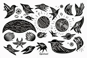 planet clutched in the claws of a small bird tattoo idea