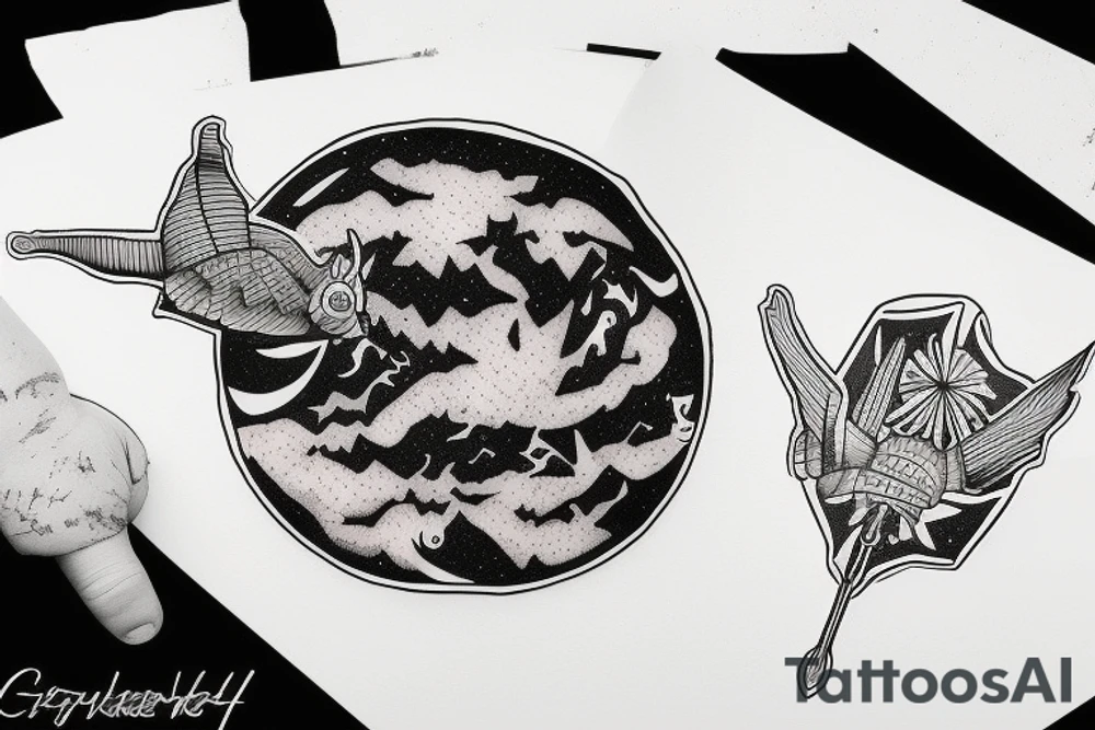 planet clutched in the claws of a small bird tattoo idea