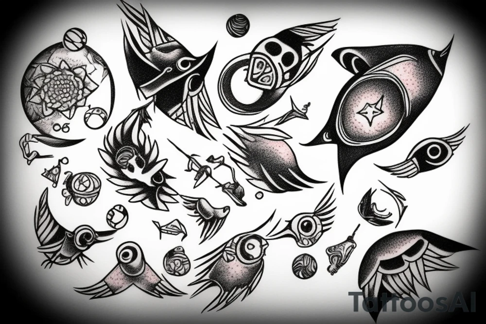 planet clutched in the claws of a small bird tattoo idea