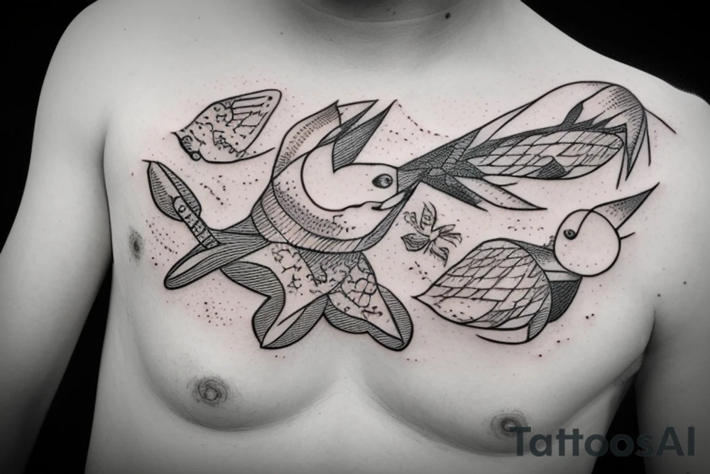 planet clutched in the claws of a small bird tattoo idea