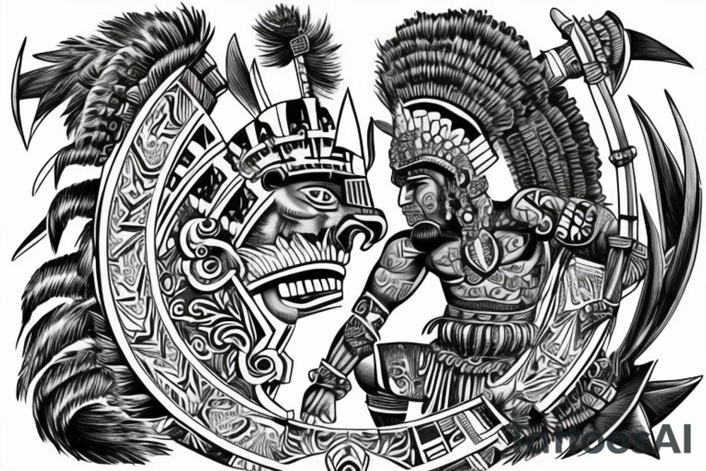 Whole back tattoo, Aztec warrior in the glory of battle, Aztec gods looking down on him proud tattoo idea