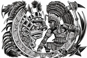 Whole back tattoo, Aztec warrior in the glory of battle, Aztec gods looking down on him proud tattoo idea