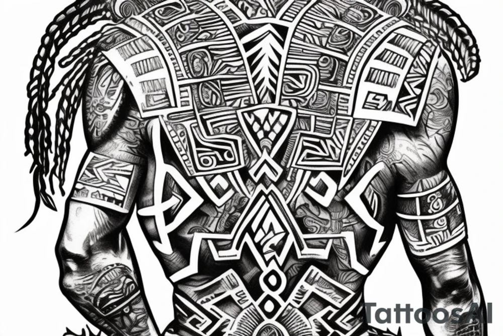 Whole back tattoo, Aztec warrior in the glory of battle, Aztec gods looking down on him proud tattoo idea