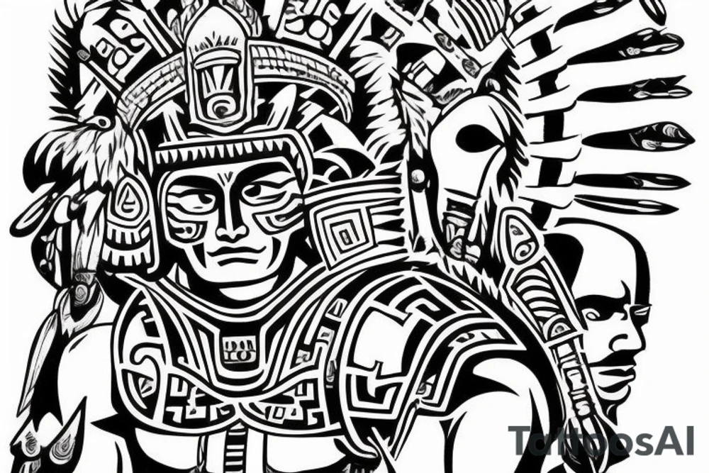 Aztec warrior in the glory of battle, Aztec gods looking down on him proud tattoo idea