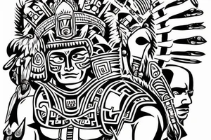 Aztec warrior in the glory of battle, Aztec gods looking down on him proud tattoo idea