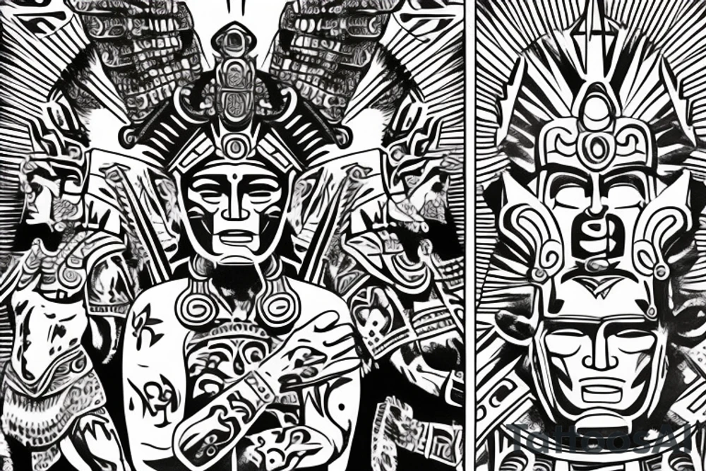 Aztec warrior in the glory of battle, Aztec gods looking down on him proud tattoo idea