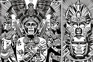 Aztec warrior in the glory of battle, Aztec gods looking down on him proud tattoo idea